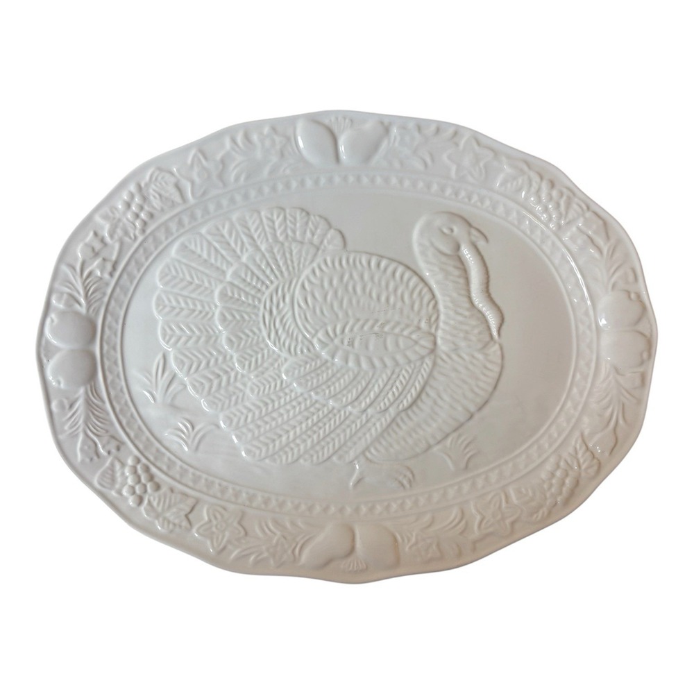 Vintage OGGI Corporation White Embossed Turkey Platter Large Thanksgiving
